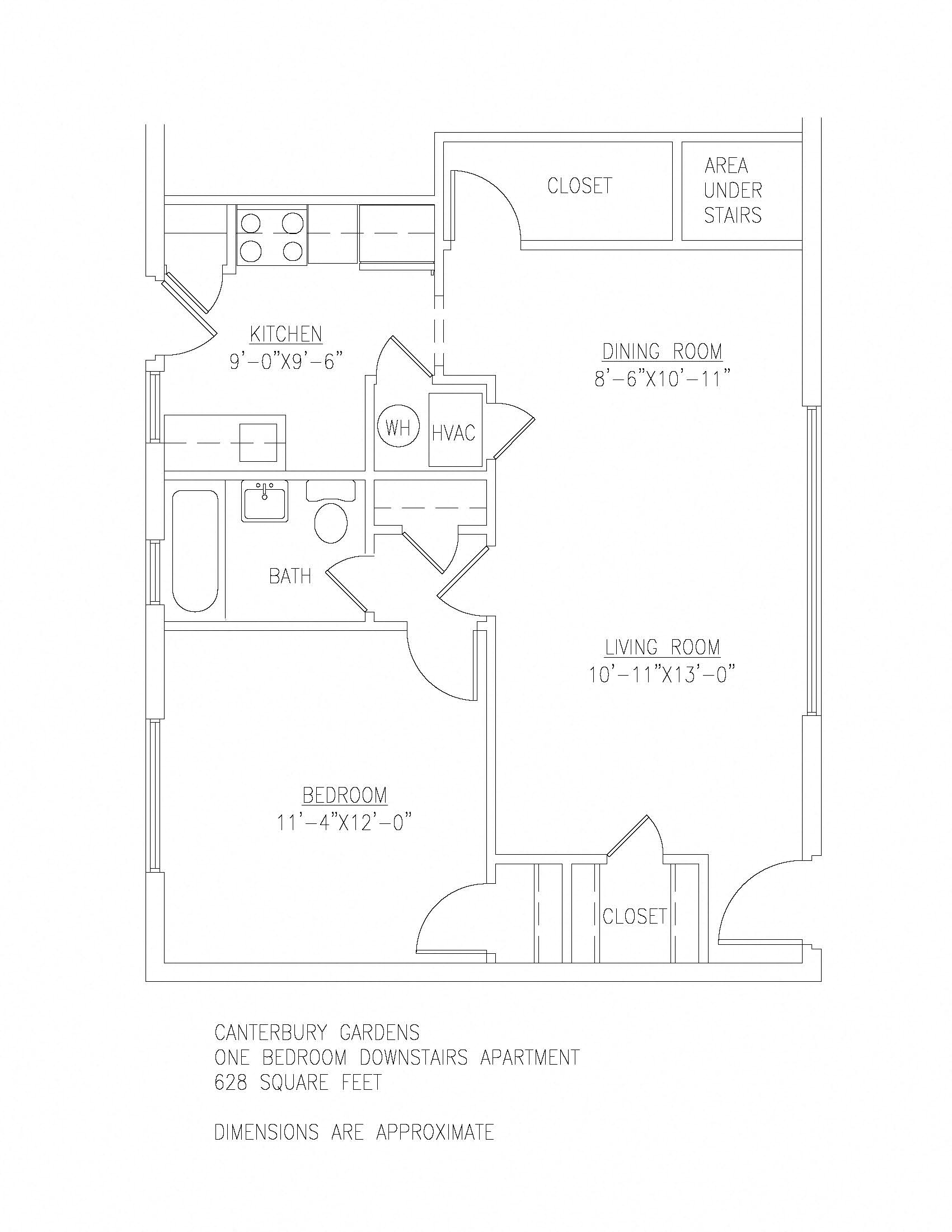 Floor plan for 1 bed, 1 bath, 628 sqft